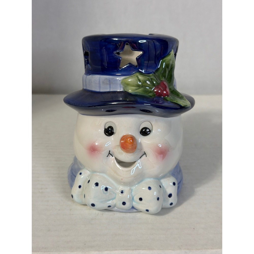 Ceramic Snowman Tea Light Candle Holder Blue Top Hat Star Cutouts Holiday Decor